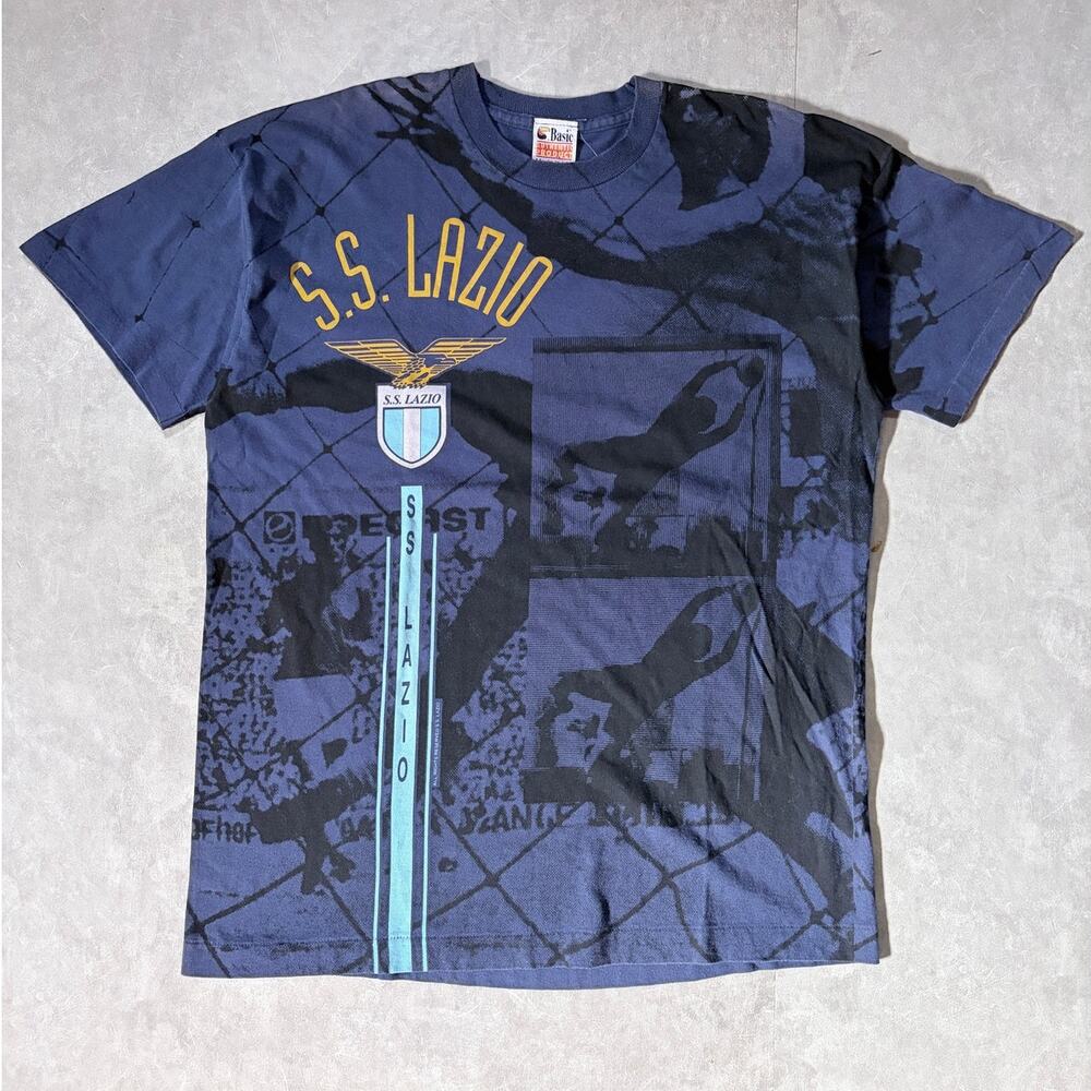 90s Vintage S.S. Lazio Soccer AOP Navy T Shirt -XL